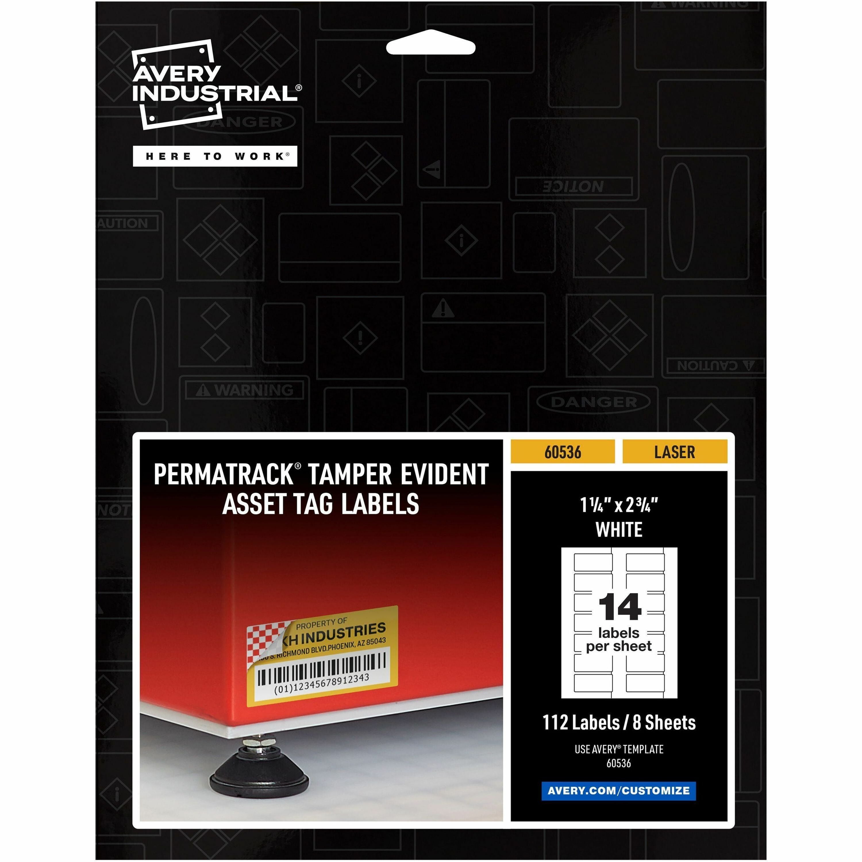 Avery®  PermaTrack Tamper-Evident Asset Tag Labels - 1.25" Length x 2.75" Width - Rectangular - Matte White - 112 / Pack