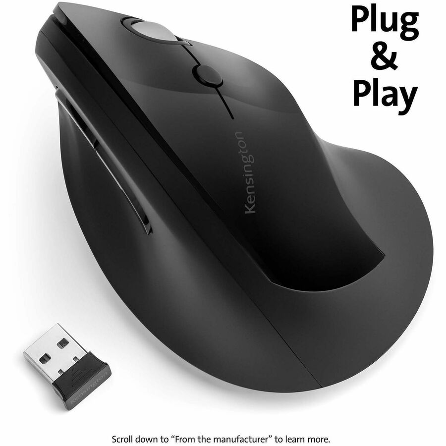 Kensington Pro Fit Ergo Vertical Wireless Mouse - Wireless - Radio Frequency - Black - USB - 1600 dpi - Scroll Wheel - 6 Button(s) - 1 Each
