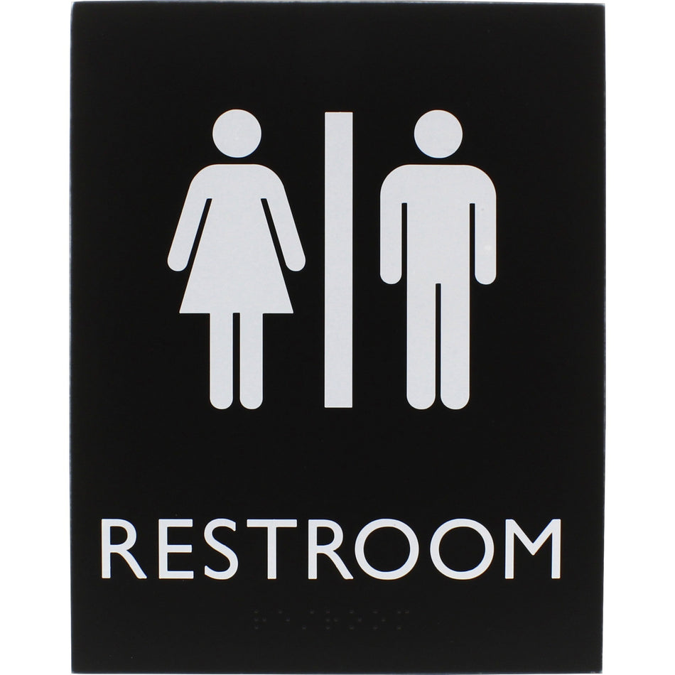 Lorell Unisex Restroom Sign - Print/Message "Toilette Men" , "TOILETTE (ladies)" - 6.4" Width x 8.5" Height - Rectangular Shape - Surface-mountable - Easy Readability, Braille - Restroom, Information - Plastic - Black - 1 Each