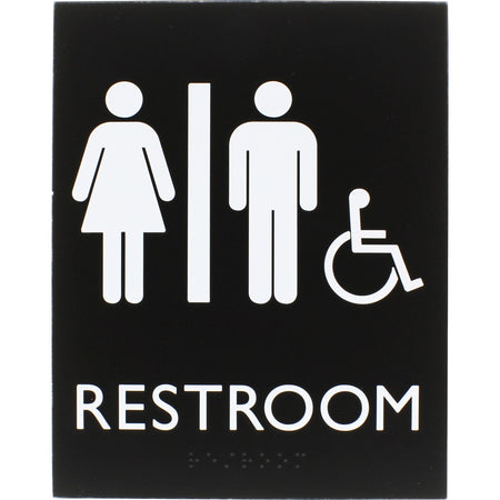 Lorell Unisex Handicap Restroom Sign - Print/Message "Restroom (Man/Woman/Wheelchair)" - 6.4" Width x 8.5" Height - Rectangular Shape - Surface-mountable - Easy Readability, Braille - Restroom - Plastic - Black - 1 Each