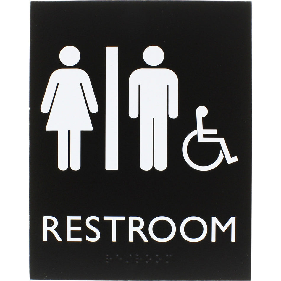 Lorell Unisex Handicap Restroom Sign - Print/Message "Restroom (Man/Woman/Wheelchair)" - 6.4" Width x 8.5" Height - Rectangular Shape - Surface-mountable - Easy Readability, Braille - Restroom - Plastic - Black - 1 Each