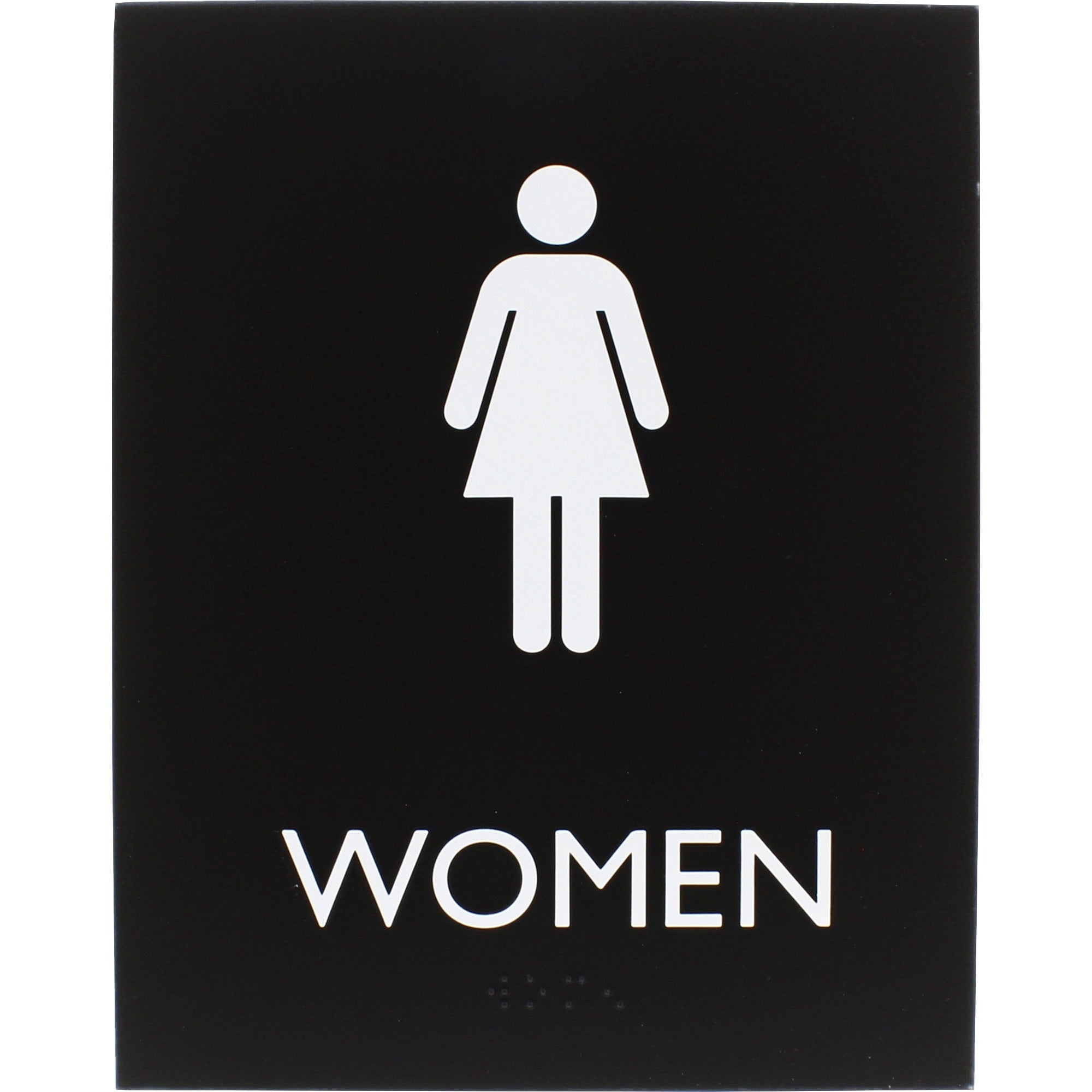 Lorell Women's Restroom Sign - Print/Message "Women" - 6.4" Width x 8.5" Height - Rectangular Shape - Surface-mountable - Easy Readability, Braille - Plastic - Black - 1 Each