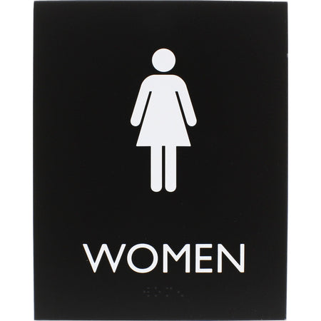 Lorell Women's Restroom Sign - Print/Message "Women" - 6.4" Width x 8.5" Height - Rectangular Shape - Surface-mountable - Easy Readability, Braille - Plastic - Black - 1 Each