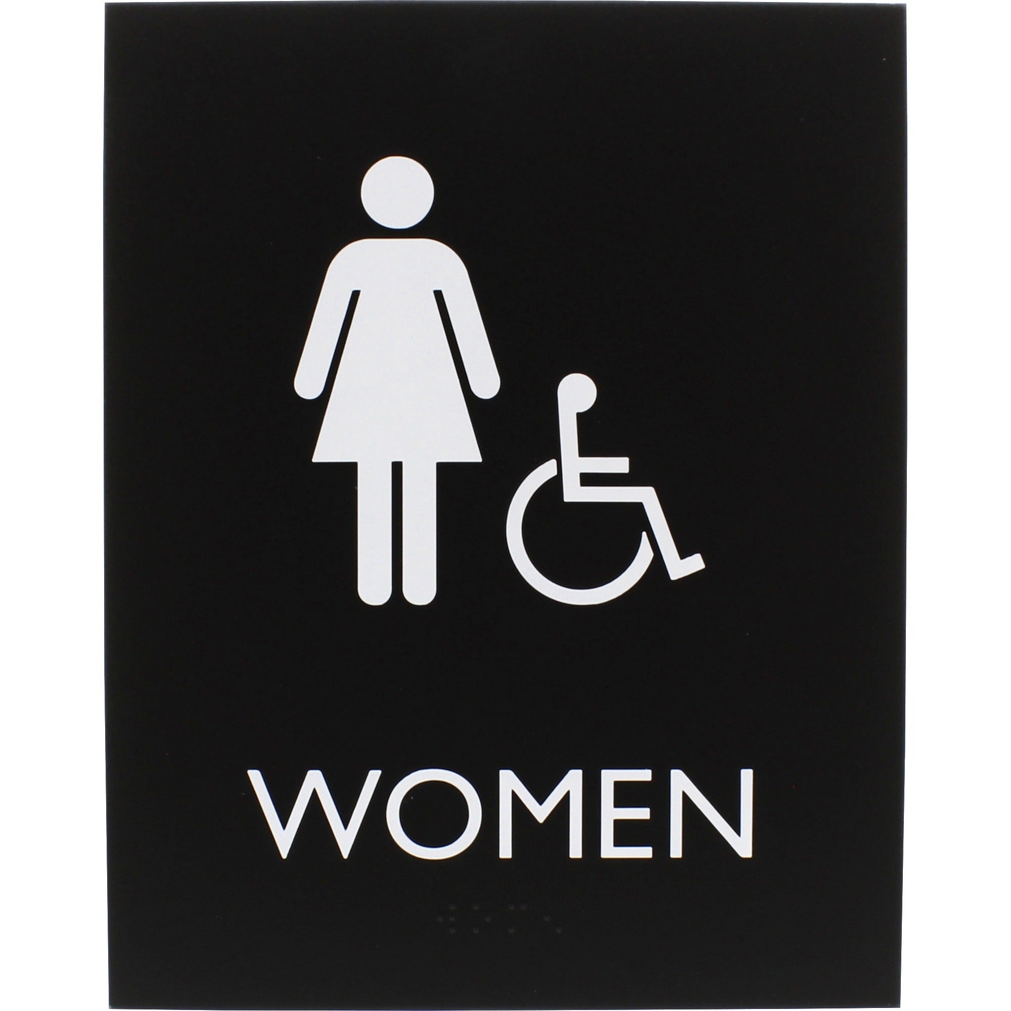 Lorell Women's Handicap Restroom Sign - Print/Message "Women" - 6.4" Width x 8.5" Height - Rectangular Shape - Surface-mountable - Easy Readability, Braille - Plastic - Black - 1 Each