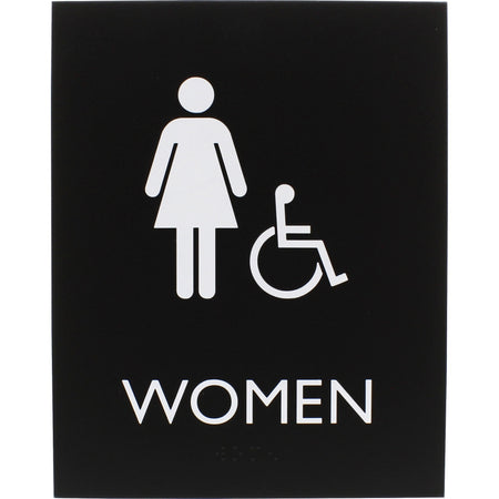 Lorell Women's Handicap Restroom Sign - Print/Message "Women" - 6.4" Width x 8.5" Height - Rectangular Shape - Surface-mountable - Easy Readability, Braille - Plastic - Black - 1 Each
