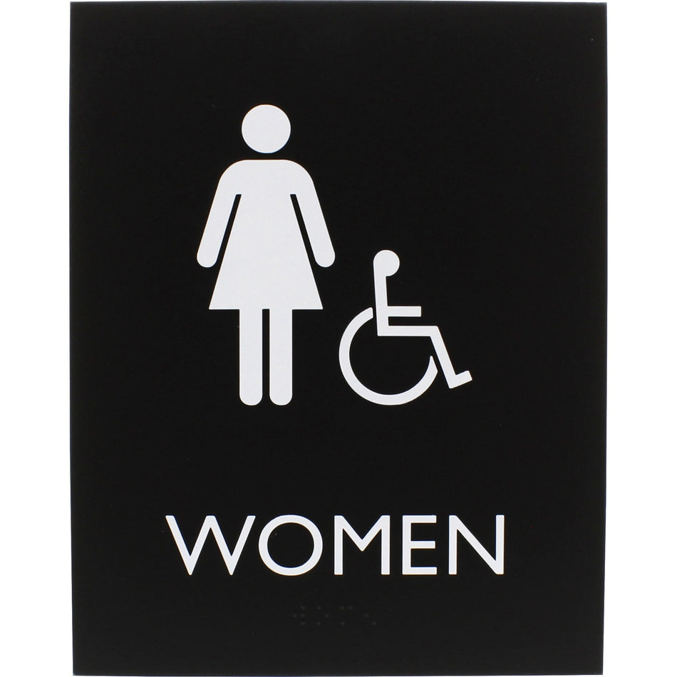 Lorell Women's Handicap Restroom Sign - Print/Message "Women" - 6.4" Width x 8.5" Height - Rectangular Shape - Surface-mountable - Easy Readability, Braille - Plastic - Black - 1 Each