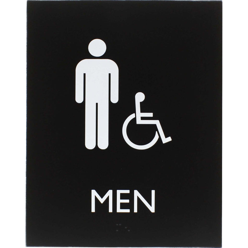 Lorell Men's Handicap Restroom Sign - Print/Message "Men" - 6.4" Width x 8.5" Height - Rectangular Shape - Surface-mountable - Easy Readability, Braille - Plastic - Black - 1 Each