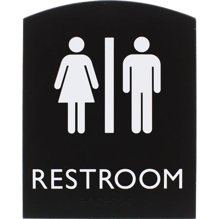 Lorell Arched Unisex Restroom Sign - 6.8" Width x 8.5" Height - Rectangular Shape - Surface-mountable - Easy Readability, Braille - Plastic - Black - 1 Each
