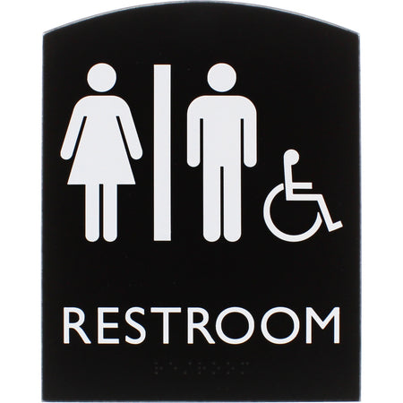 Lorell Arched Unisex Handicap Restroom Sign - 6.8" Width x 8.5" Height - Rectangular Shape - Surface-mountable - Easy Readability, Braille - Plastic - Black - 1 Each