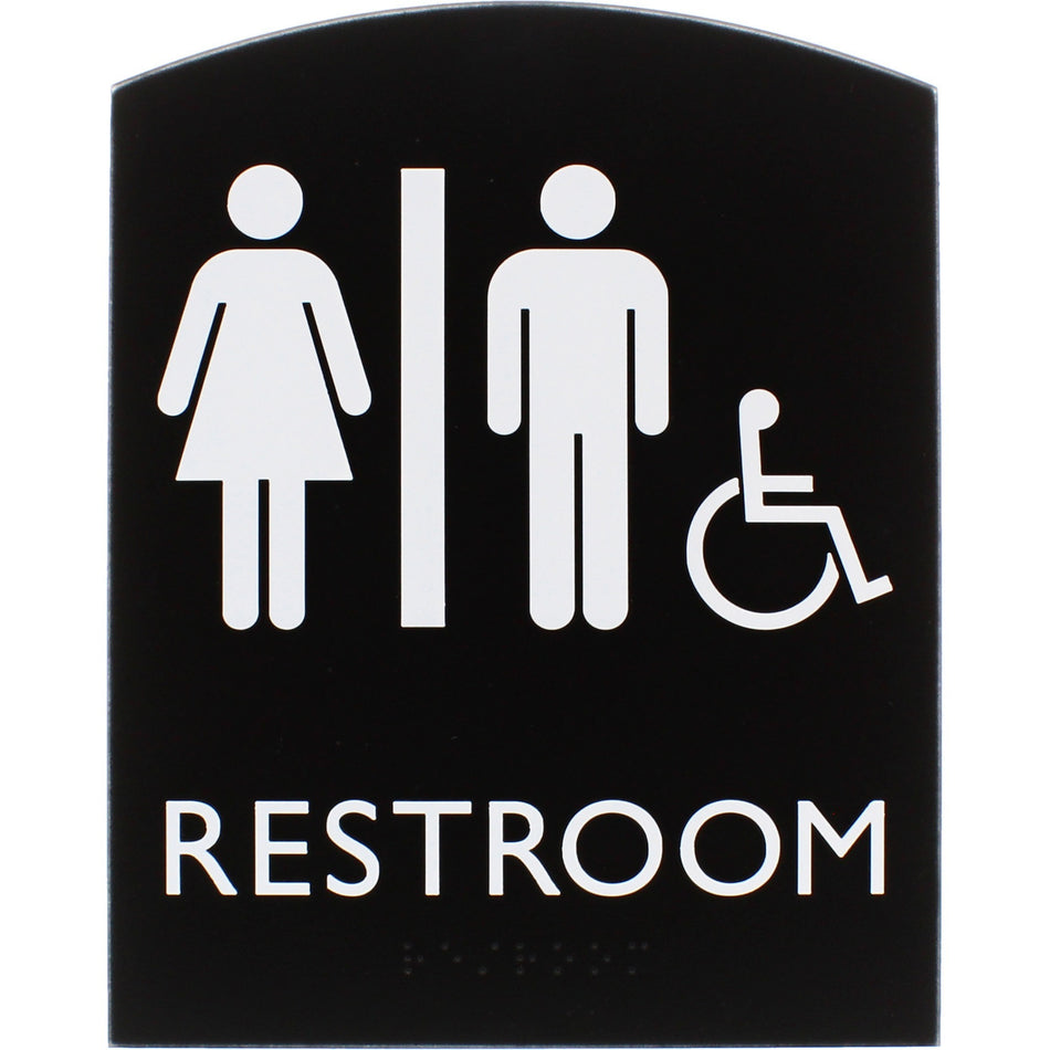 Lorell Arched Unisex Handicap Restroom Sign - 6.8" Width x 8.5" Height - Rectangular Shape - Surface-mountable - Easy Readability, Braille - Plastic - Black - 1 Each