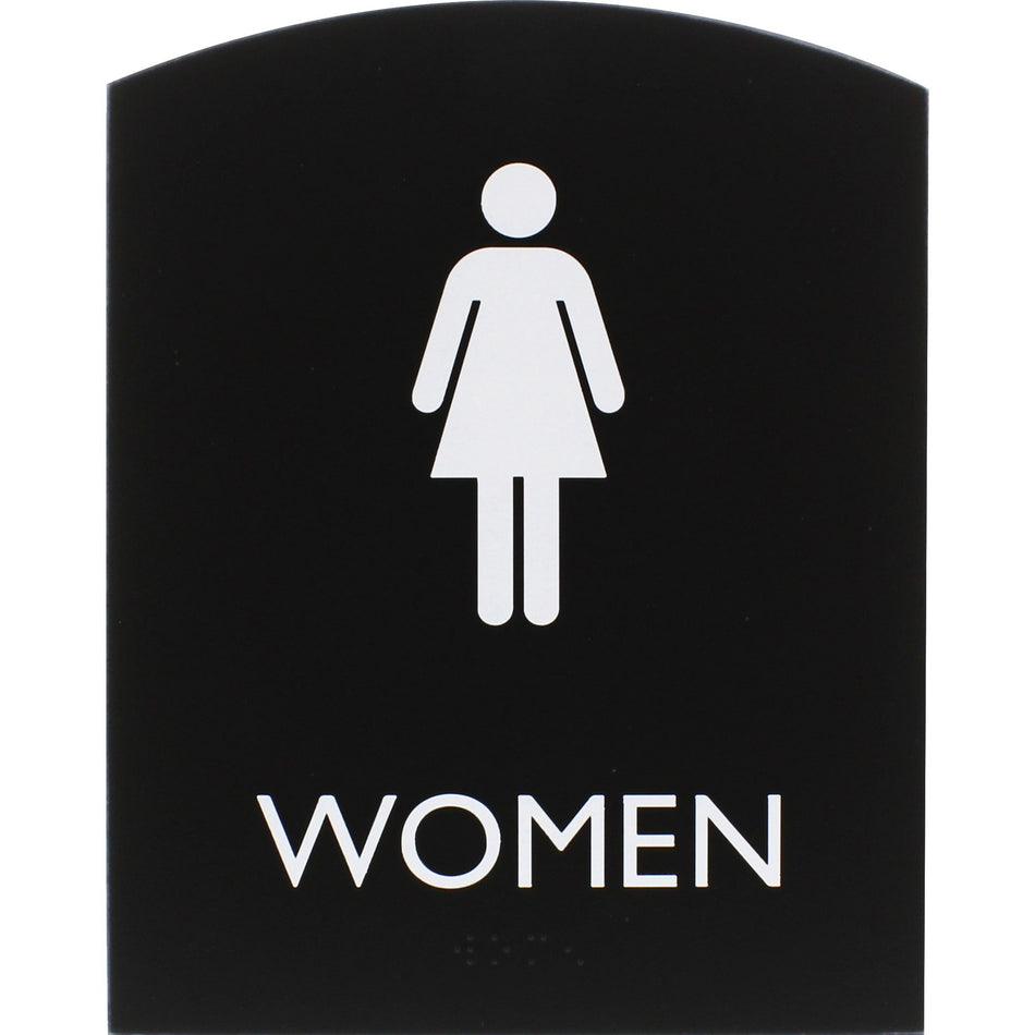 Lorell Arched Women's Restroom Sign - Print/Message "Women" - 6.8" Width x 8.5" Height - Rectangular Shape - Surface-mountable - Easy Readability, Braille - Plastic - Black - 1 Each