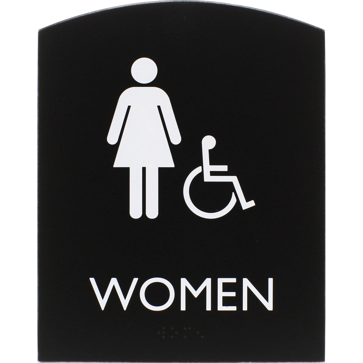 Lorell Arched Women's Handicap Restroom Sign - Print/Message "Women" - 6.8" Width x 8.5" Height - Rectangular Shape - Surface-mountable - Easy Readability, Braille - Plastic - Black - 1 Each