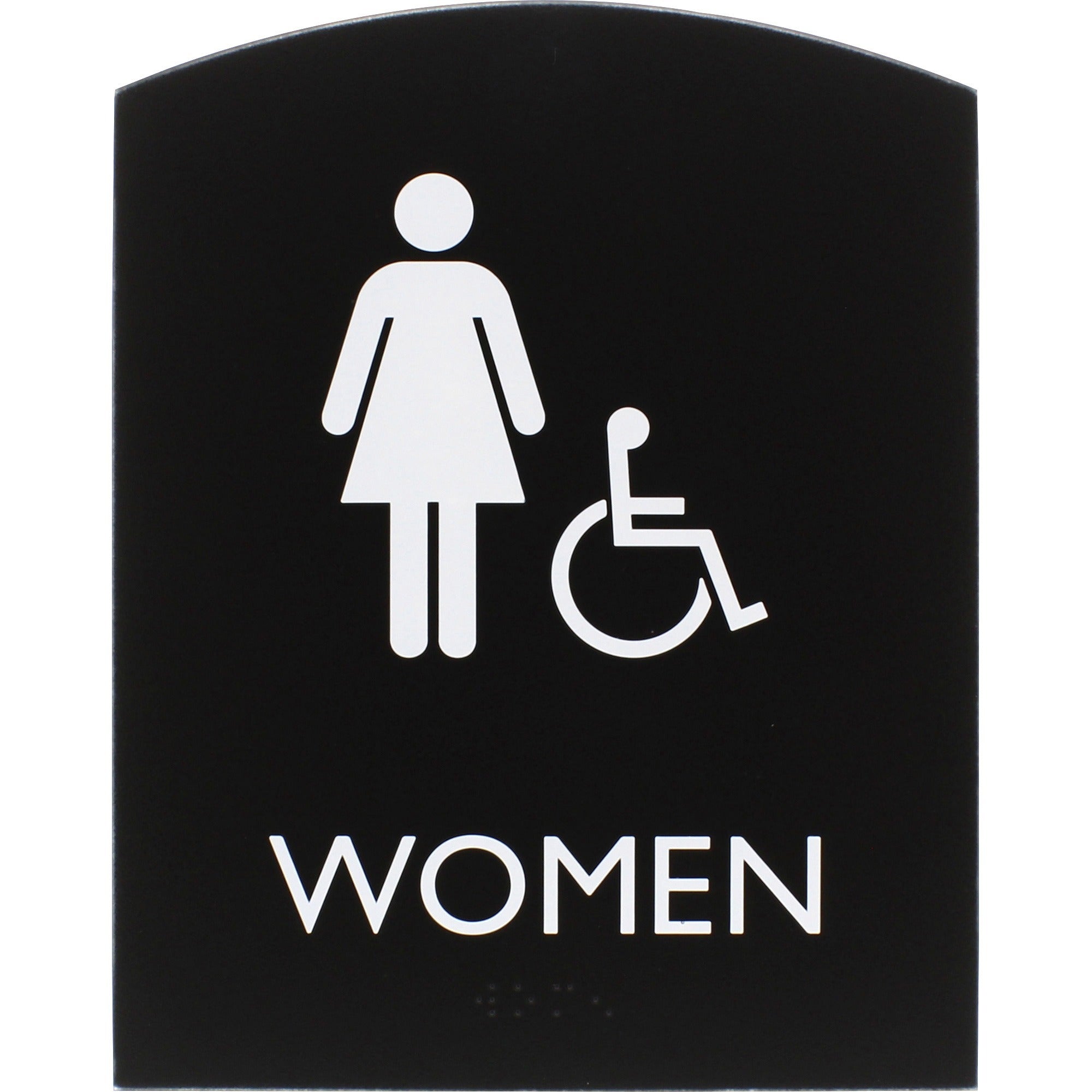 Lorell Arched Women's Handicap Restroom Sign - Print/Message "Women" - 6.8" Width x 8.5" Height - Rectangular Shape - Surface-mountable - Easy Readability, Braille - Plastic - Black - 1 Each