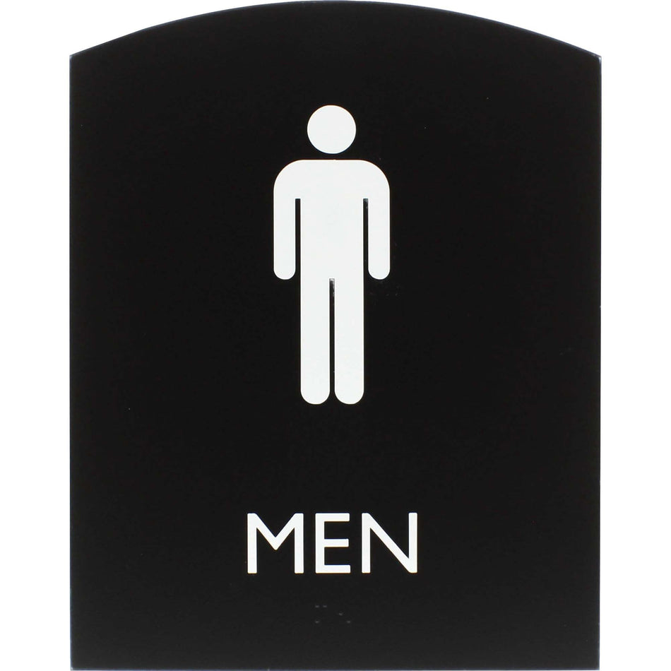 Lorell Arched Men's Restroom Sign - Print/Message "Men" - 6.8" Width x 8.5" Height - Rectangular Shape - Surface-mountable - Easy Readability, Braille - Plastic - Black - 1 Each