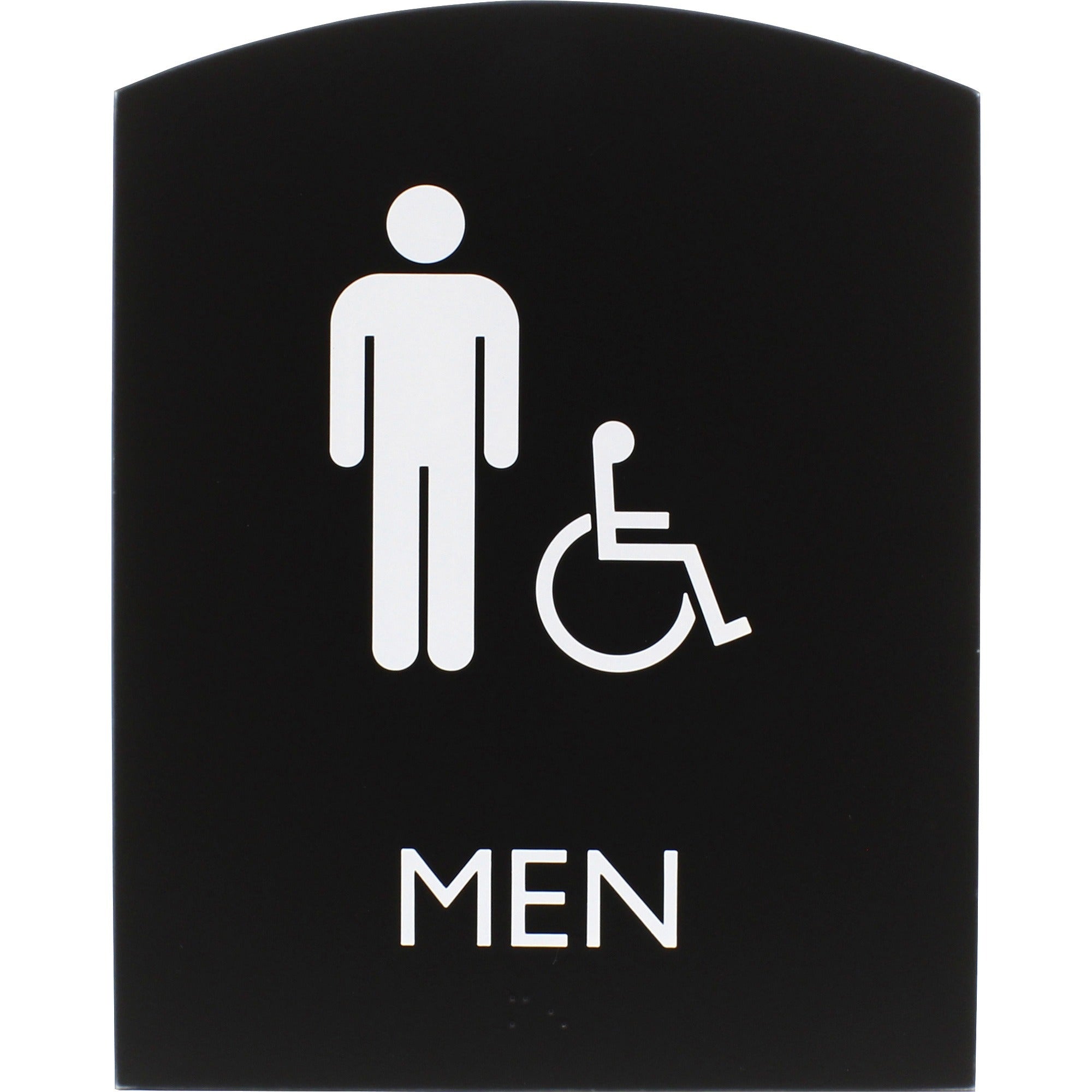 Lorell Arched Men's Handicap Restroom Sign - Print/Message "Men" - 6.8" Width x 8.5" Height - Rectangular Shape - Surface-mountable - Easy Readability, Braille - Plastic - Black - 1 Each