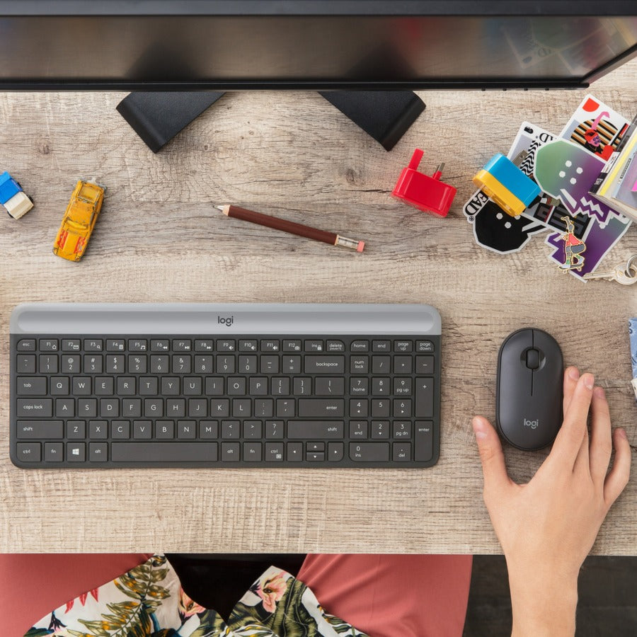 Logitech MK470 Slim Combo - USB Scissors Wireless RF 2.40 GHz Keyboard - English - Graphite - USB Wireless RF Mouse - Optical - 1000 dpi - Scroll Wheel - Graphite - Symmetrical - AA, AAA - Compatible with Desktop Computer, Notebook for PC - 1 Each