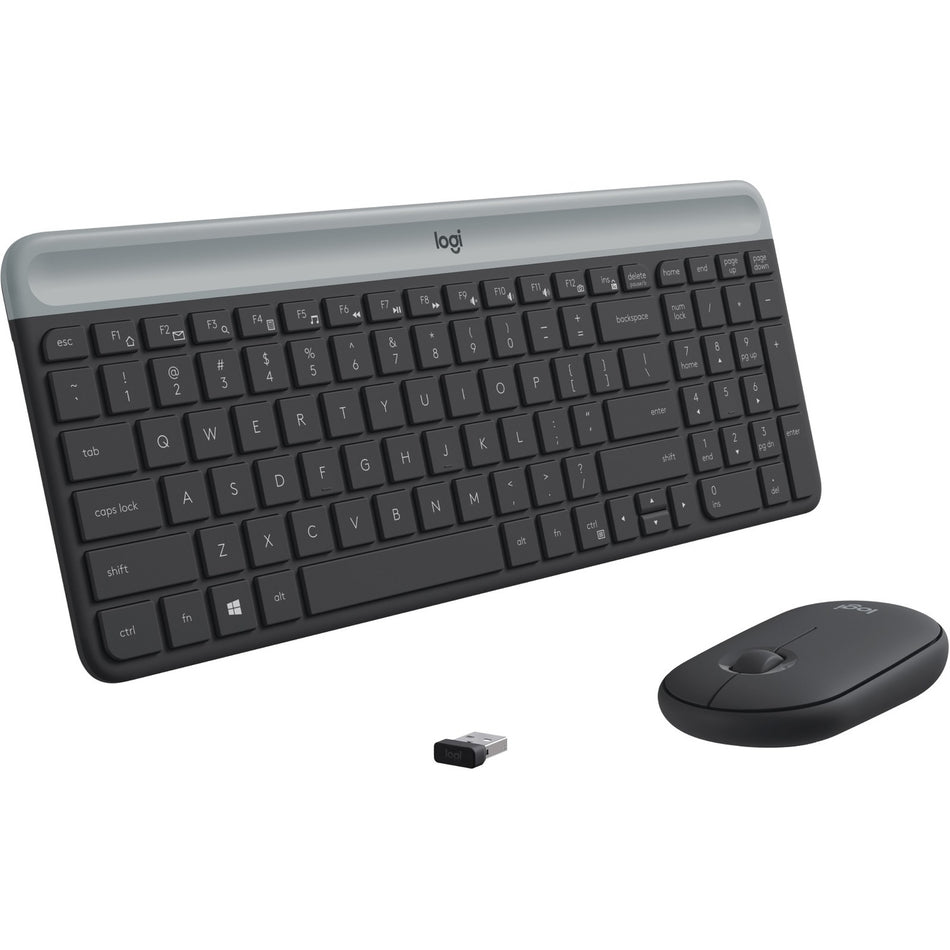 Logitech MK470 Slim Combo - USB Scissors Wireless RF 2.40 GHz Keyboard - English - Graphite - USB Wireless RF Mouse - Optical - 1000 dpi - Scroll Wheel - Graphite - Symmetrical - AA, AAA - Compatible with Desktop Computer, Notebook for PC - 1 Each