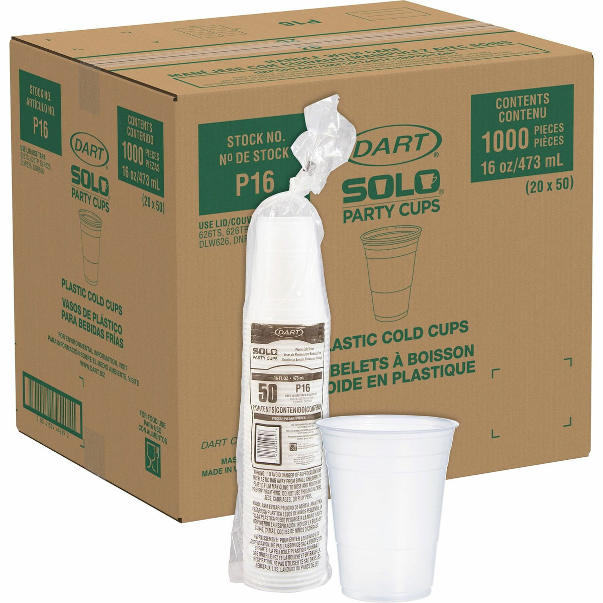 Solo 16 oz Plastic Cold Party Cups - 16 fl oz - Round - Translucent - Polystyrene - Cold Drink, Party, Soda, Juice, Concession Stand - 50/Bag - 20 / Carton