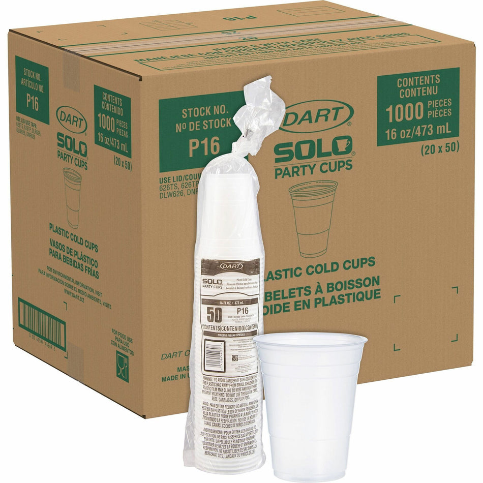 Solo 16 oz Plastic Cold Party Cups - 16 fl oz - Round - Translucent - Polystyrene - Cold Drink, Party, Soda, Juice, Concession Stand - 50/Bag - 20 / Carton