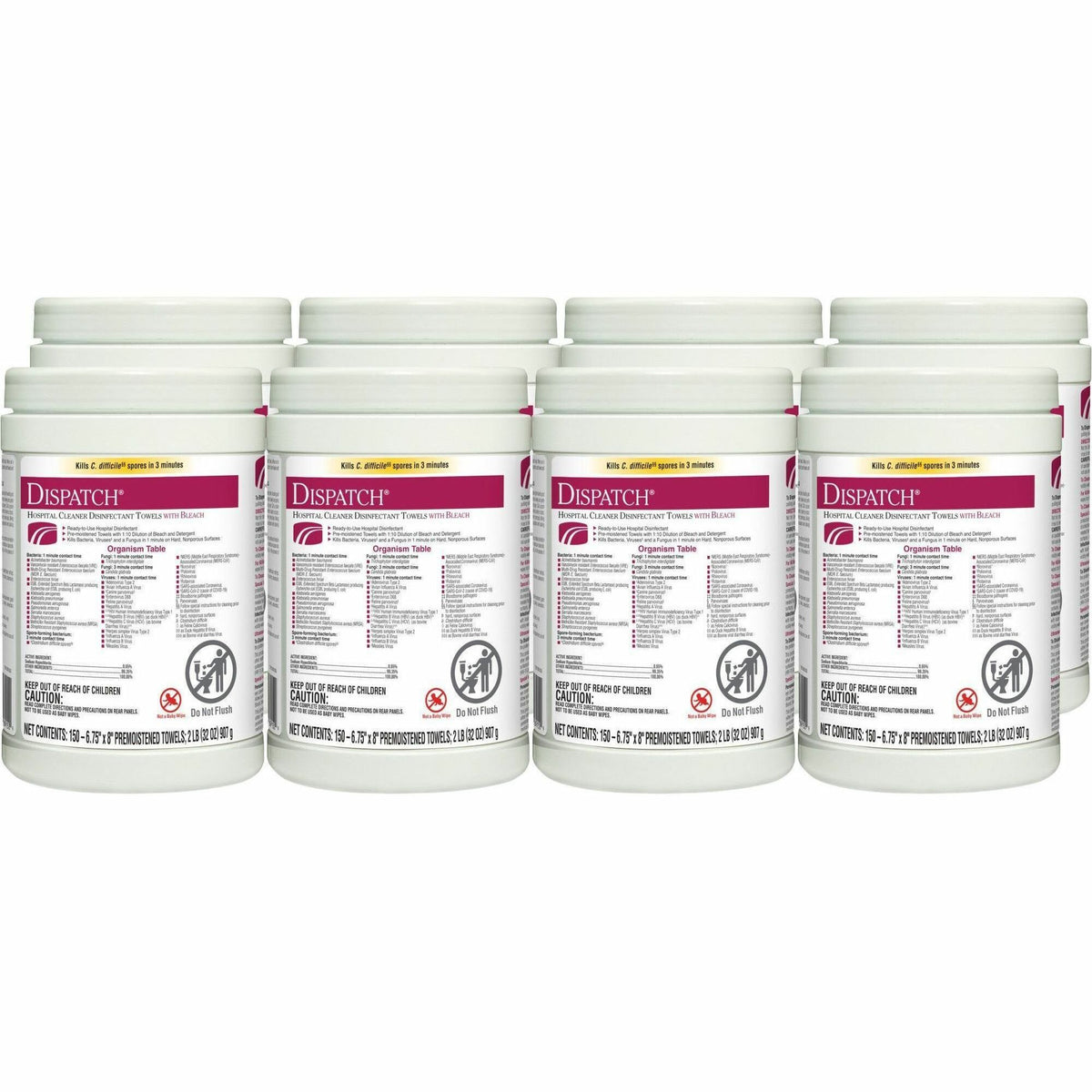 Dispatch Hospital Cleaner Disinfectant Towels with Bleach - Ready-To-Use - 32 oz (2 lb) - 8" Length x 6.75" Width - White - 150/Tub - 8 / Carton