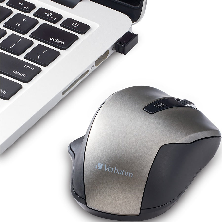Verbatim Mouse - Blue LED/Optical - Wireless - Radio Frequency - 2.40 GHz - Graphite - USB - 1600 dpi - 6 Button(s) - 1 Each