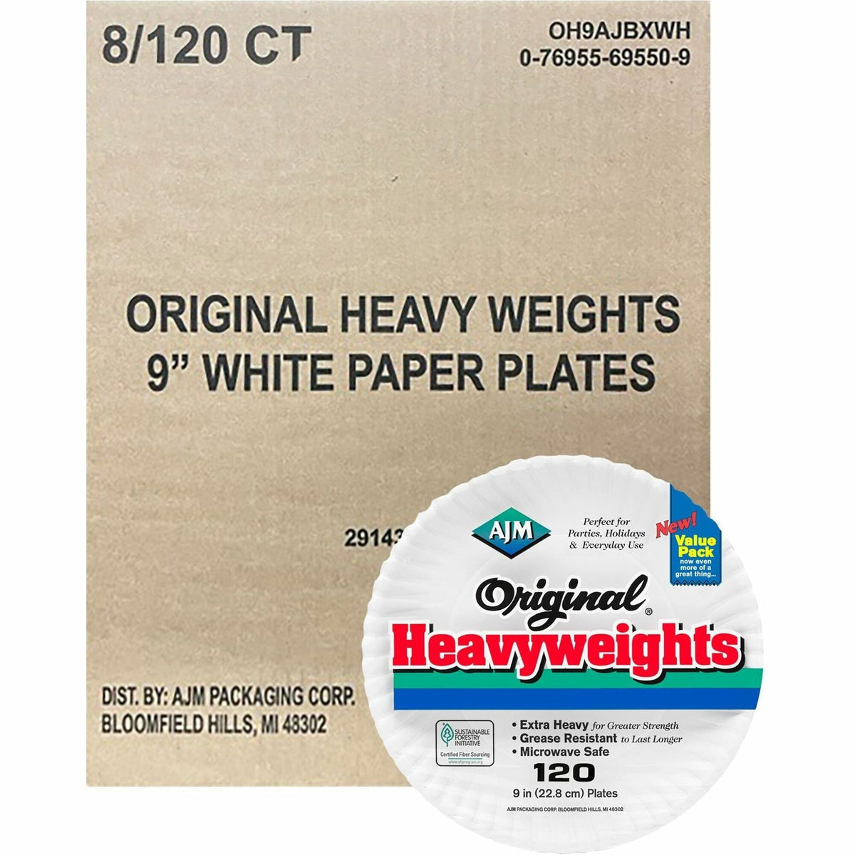AJM 9" Original Heavyweight Plates - Serving, Reheating - Disposable - Microwave Safe - 9" Diameter - White - Paper Body - 120/Pack - 8 / Carton