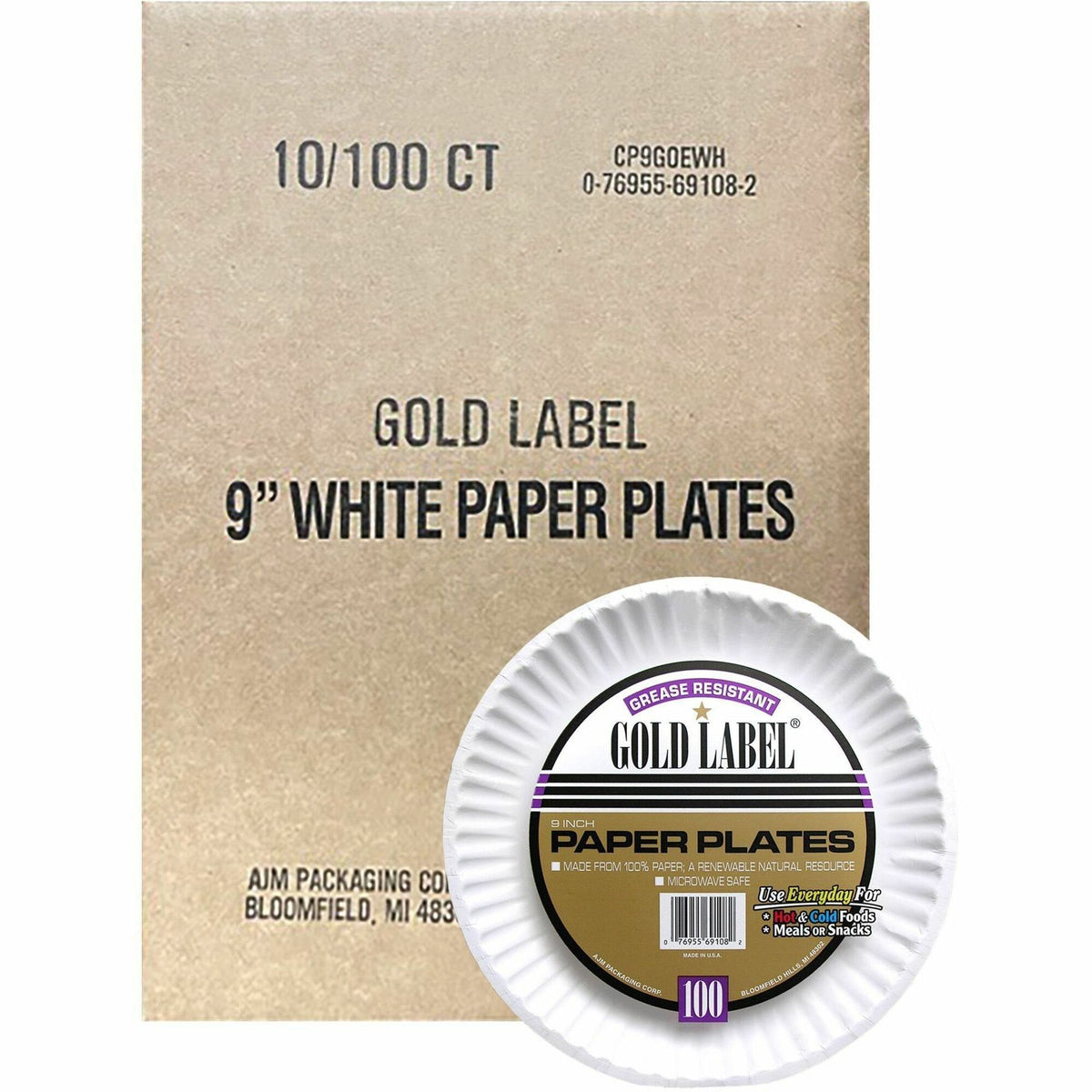 Gold Label 9" Dinnerware Paper Plates - Serving - Disposable - Microwave Safe - 9" Diameter - White - Paper Body - 100/Pack - 10 / Carton