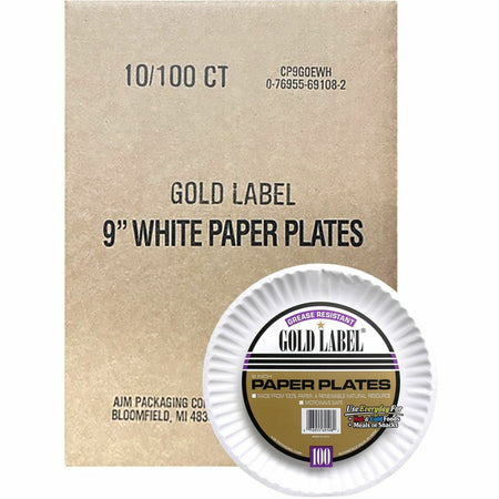 Gold Label 9" Dinnerware Paper Plates - Serving - Disposable - Microwave Safe - 9" Diameter - White - Paper Body - 100/Pack - 10 / Carton