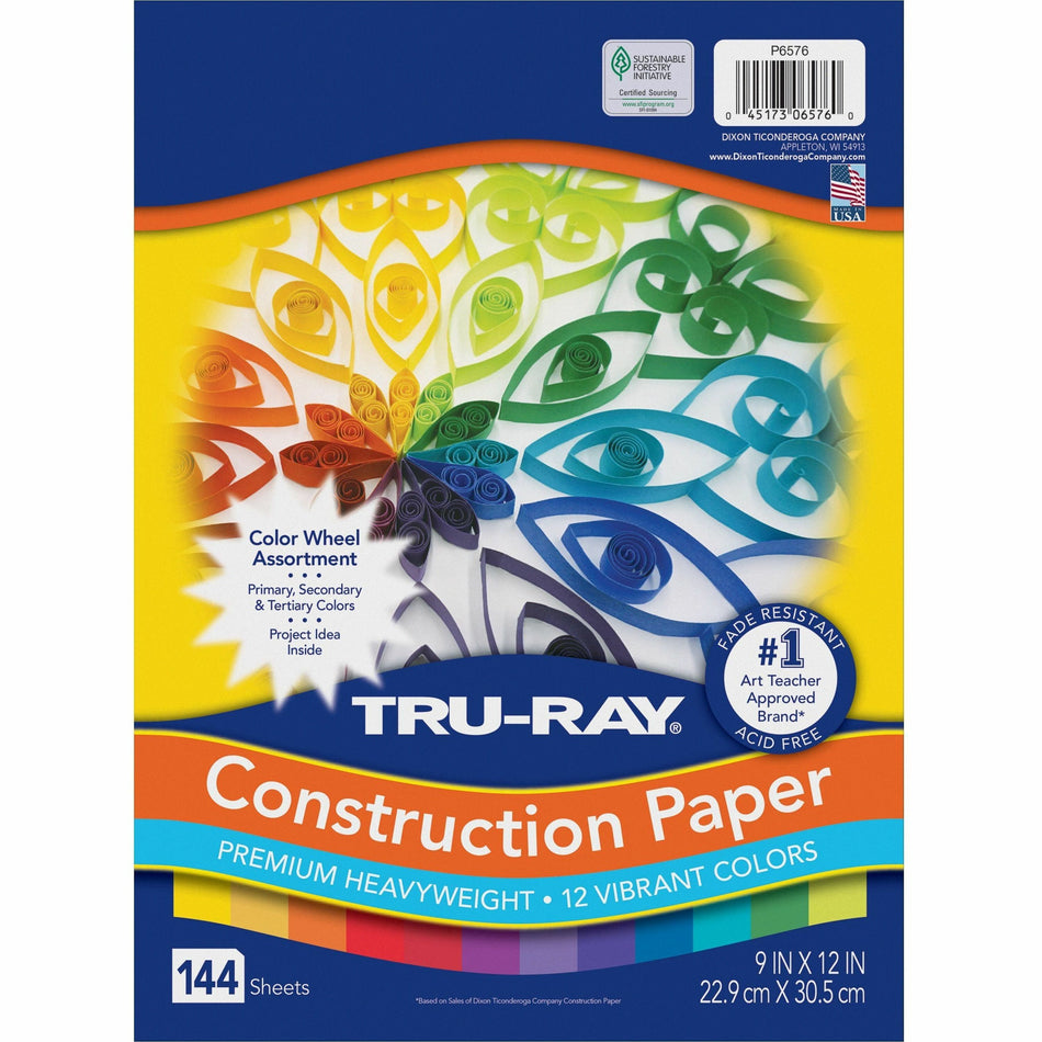 Tru-Ray Color Wheel Construction Paper - Project - 144 Piece(s) - 12" Height x 9" Width x 1" Length - Yellow, Gold, Orange, Festive Red, Holiday Red, Magenta, Violet, Purple, Blue, Turquoise, Holiday Green, ... - 144 / Pack