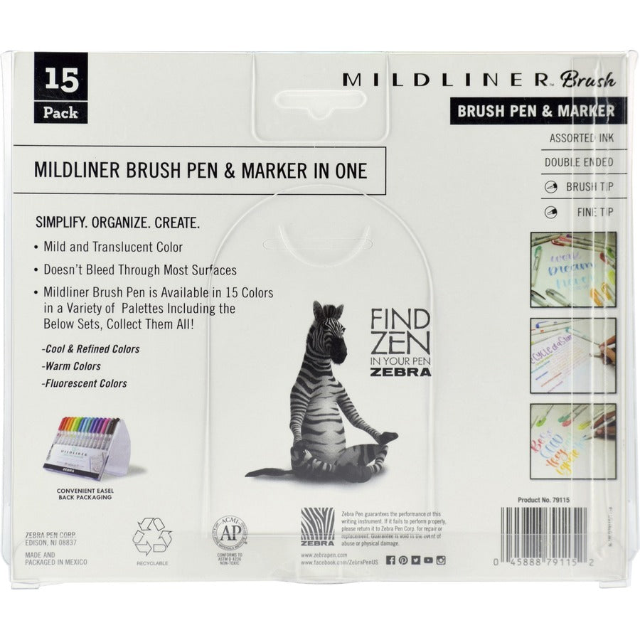 Zebra MILDLINER Dual Ended Brush Pen & Marker Set - Medium Brush Pen Point - Fine Bullet Marker Point - Assorted Ink - Pigment-based - White Barrel - 15 / Pack