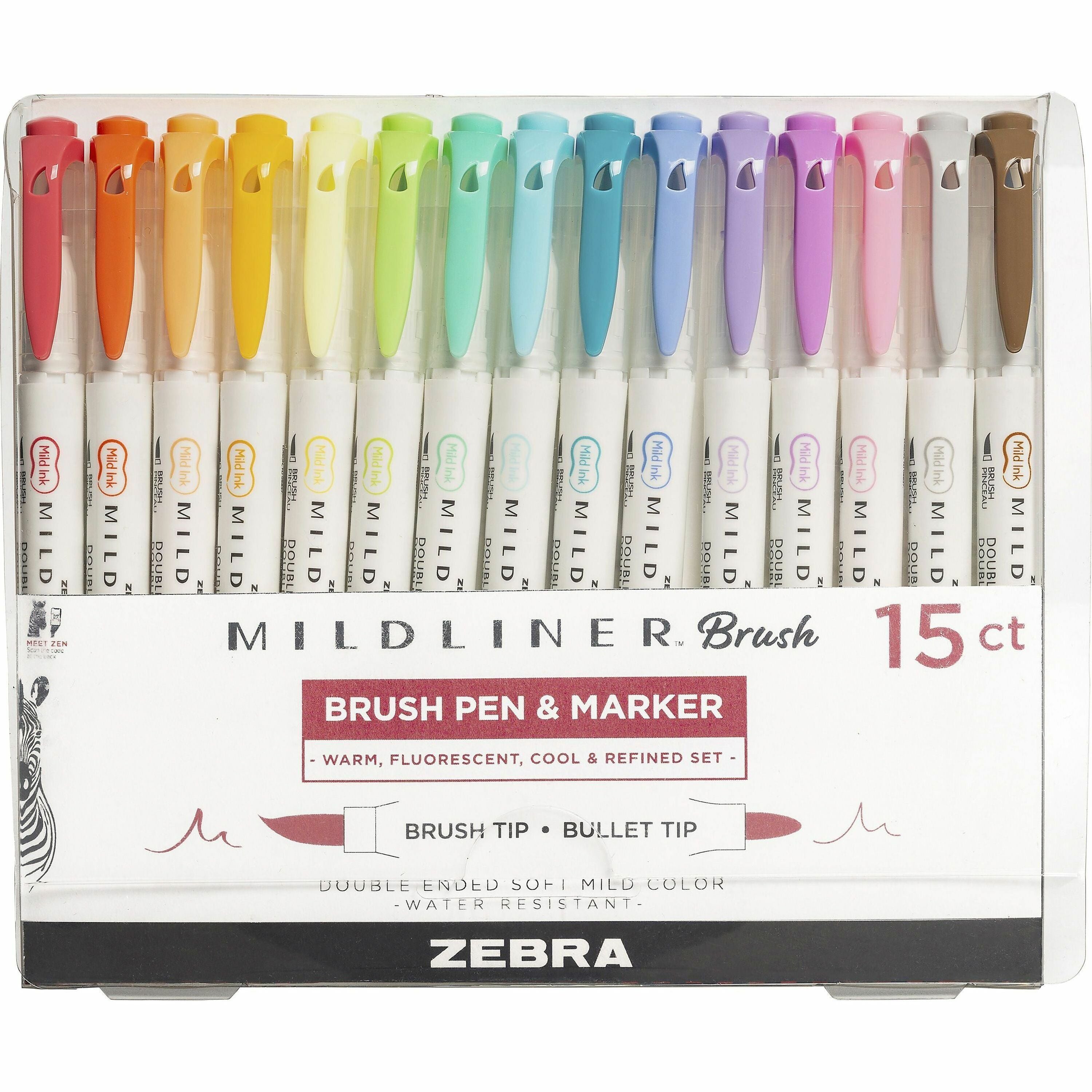 Zebra MILDLINER Dual Ended Brush Pen & Marker Set - Medium Brush Pen Point - Fine Bullet Marker Point - Assorted Ink - Pigment-based - White Barrel - 15 / Pack