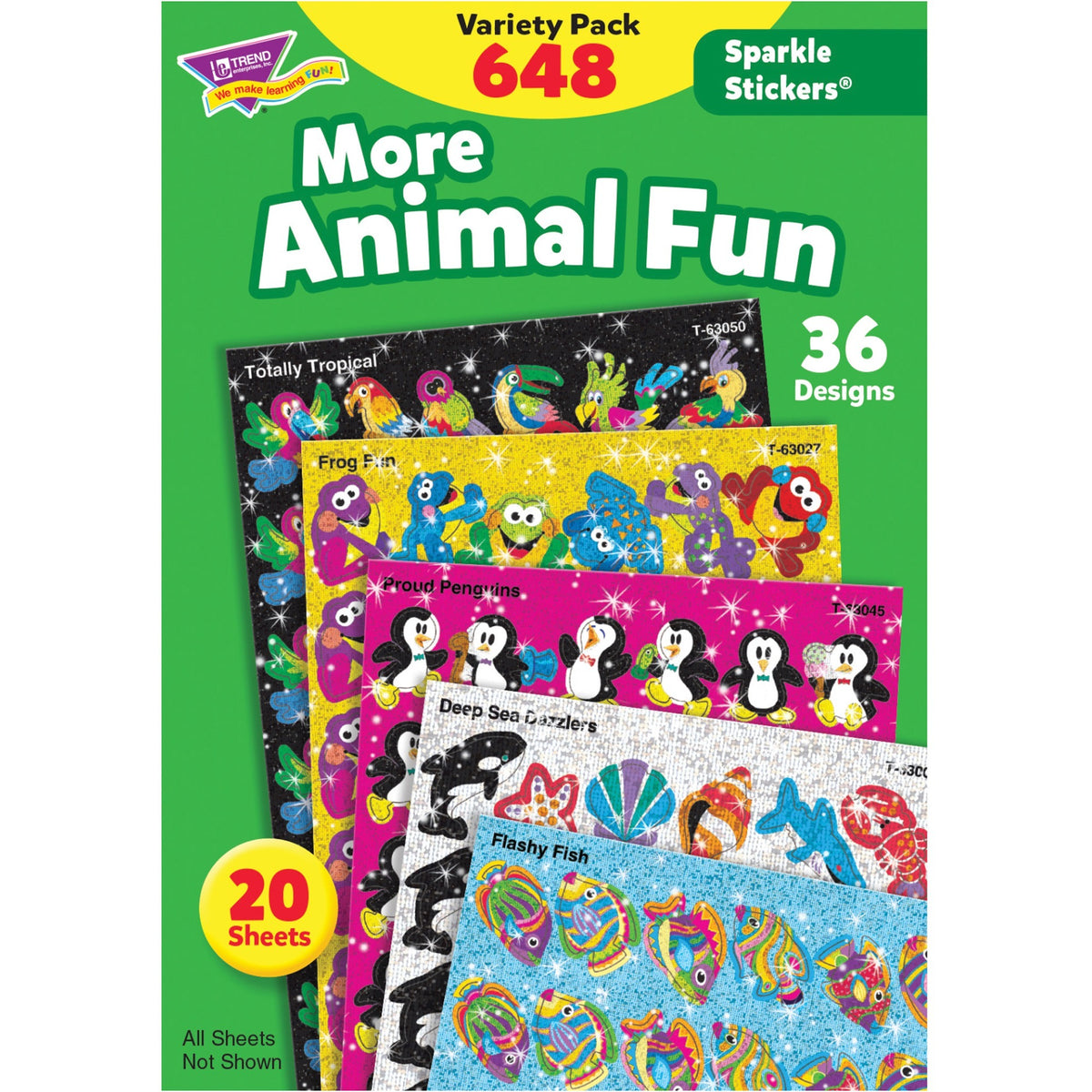Trend Animal Fun Stickers Variety Pack - Animal, Fun Theme/Subject - Frog Fun, Proud Penguin, Deep Sea Dazzler, Flashy Fish, Beaming Bug Shape - Acid-free, Non-toxic, Photo-safe - 8" Height x 4.13" Width x 6" Length - Multicolor - 648/Pack - 1 Each
