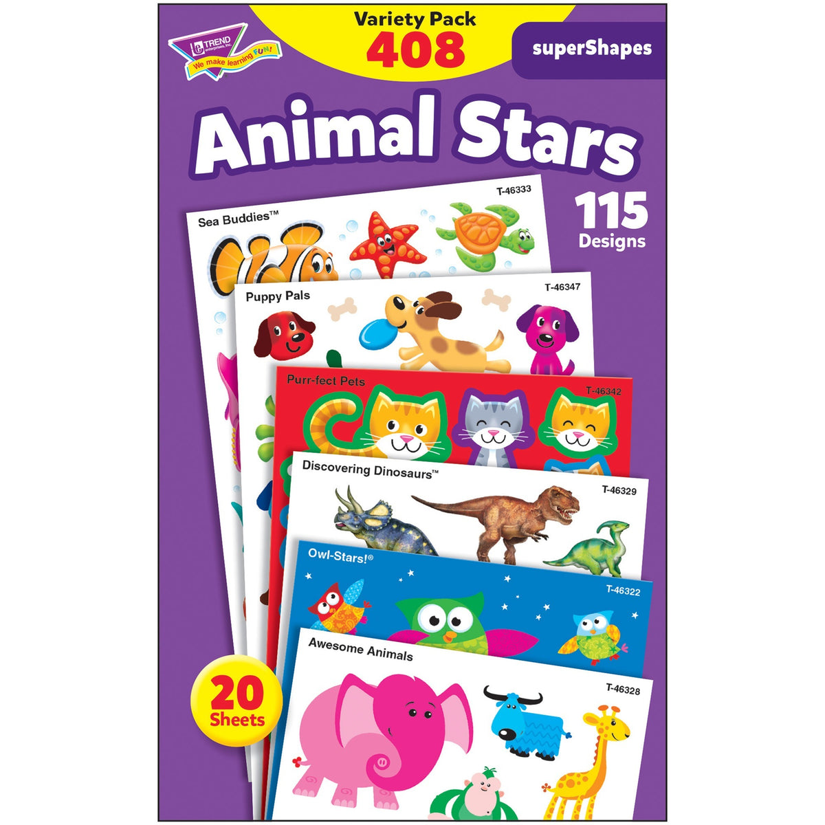 Trend Animal Fun Stickers Variety Pack - Fun, Animal Theme/Subject - Sea Buddies, Owl-Stars, Puppy Pals Shape - Photo-safe, Non-toxic, Acid-free - 8" Height x 4.13" Width x 6.63" Length - Multicolor - 408 / Pack