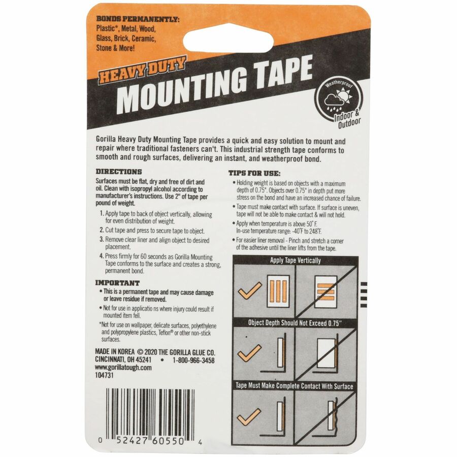 Gorilla Heavy Duty Mounting Tape - 5ft x 1" - Black - 1 Pack