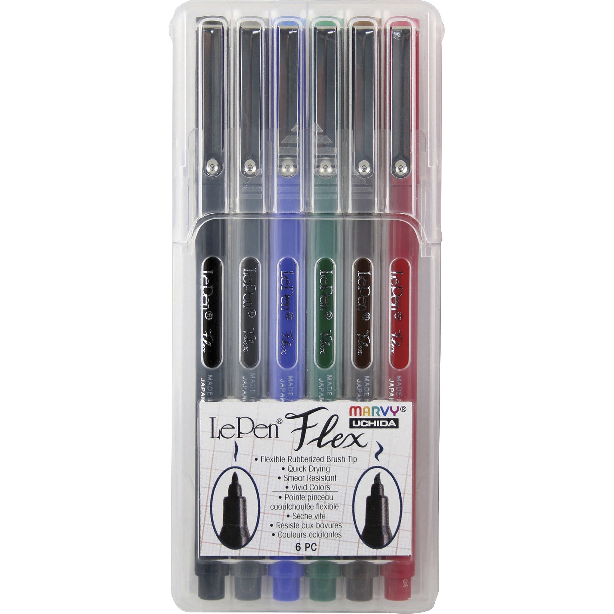 Marvy LePen Flex Brush Tip Pen Set - Brush Pen Point - Black, Red, Blue, Green, Brown, Dark Gray Ink - Black, Red, Blue, Green, Brown, Dark Gray Barrel - Rubberized Tip - 6 / Set