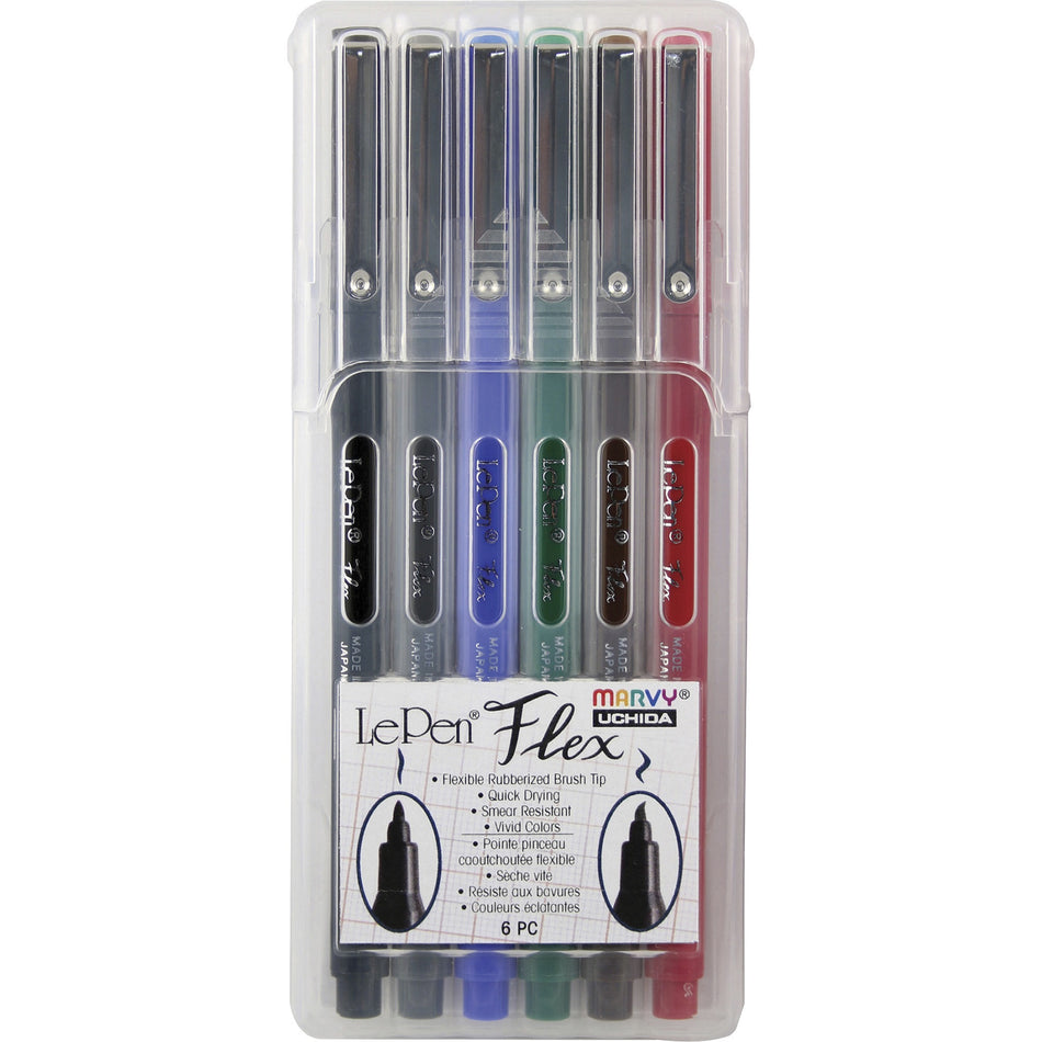 Marvy LePen Flex Brush Tip Pen Set - Brush Pen Point - Black, Red, Blue, Green, Brown, Dark Gray Ink - Black, Red, Blue, Green, Brown, Dark Gray Barrel - Rubberized Tip - 6 / Set