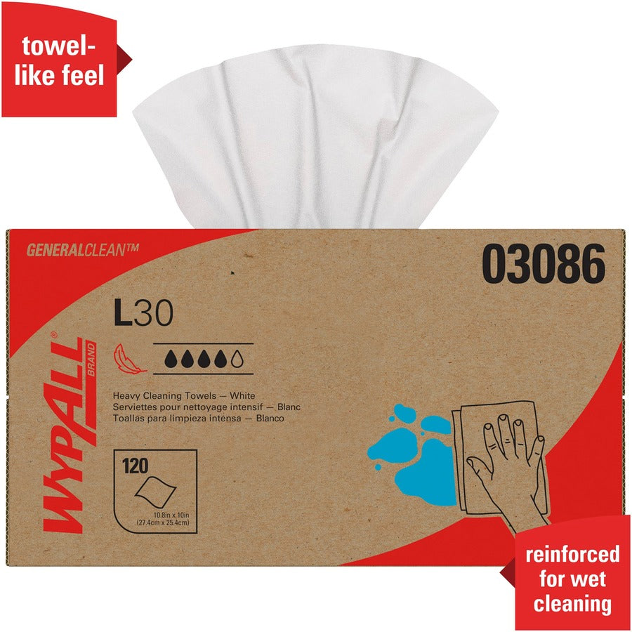Wypall General Clean L30 Heavy Cleaning Towels - 10" Width x 9.80" Length - White - 120/Box - 10 / Carton