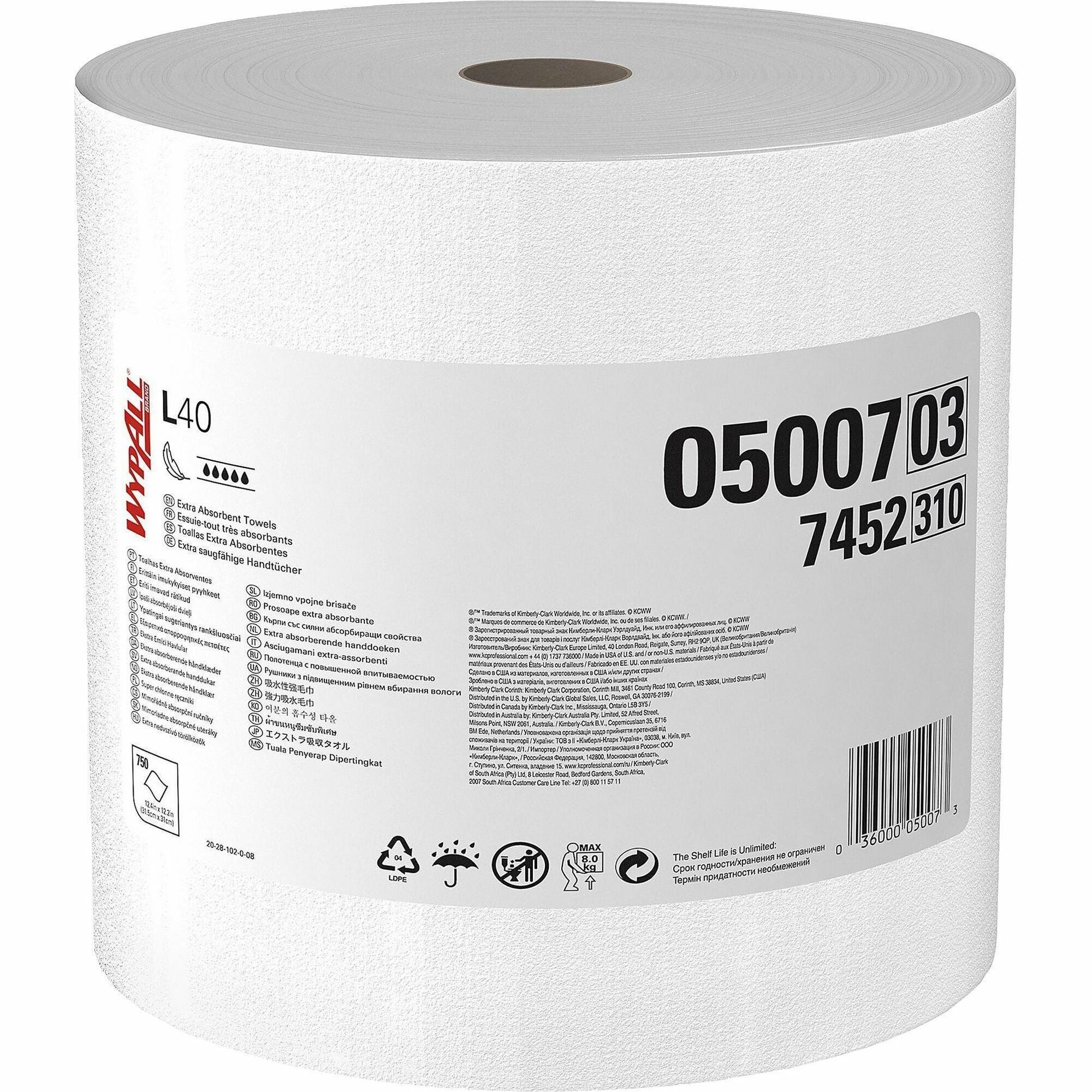 Wypall PowerClean L40 Extra Absorbent Towels - 12.20" Width x 12.40" Length - 750 Sheets/Roll - White, Blue - Cellulose - 750 / Roll