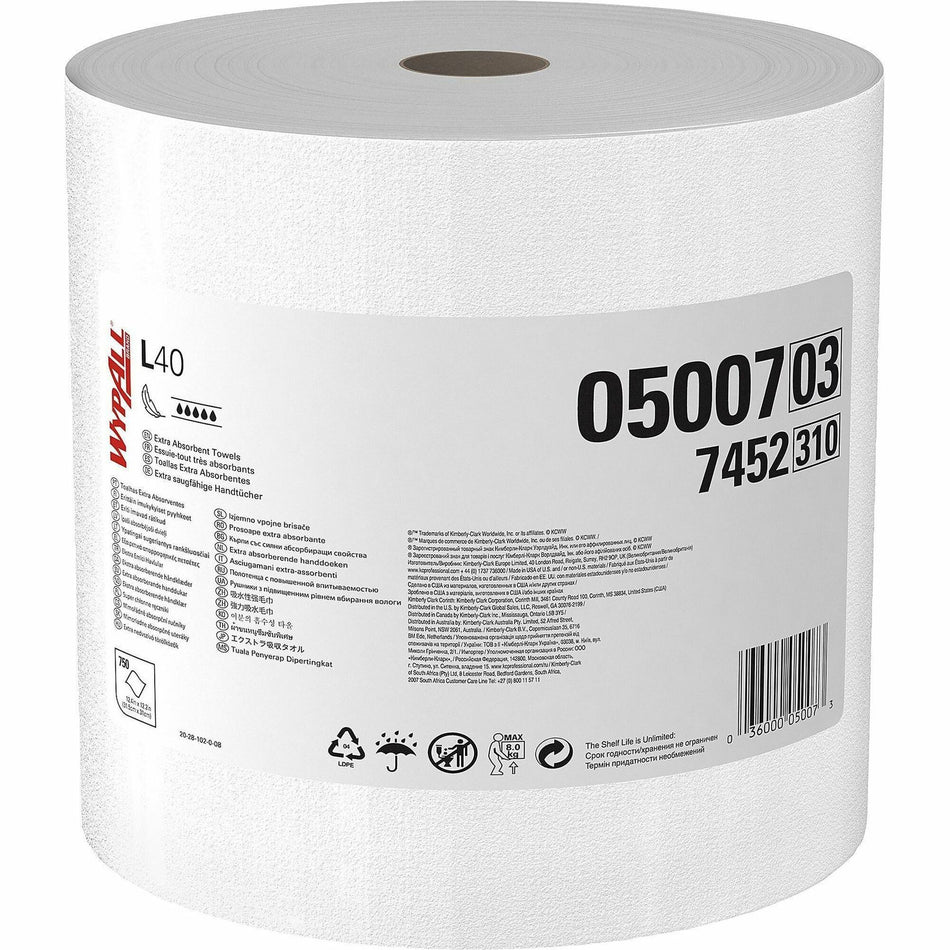 Wypall PowerClean L40 Extra Absorbent Towels - 12.20" Width x 12.40" Length - 750 Sheets/Roll - White, Blue - Cellulose - 750 / Roll