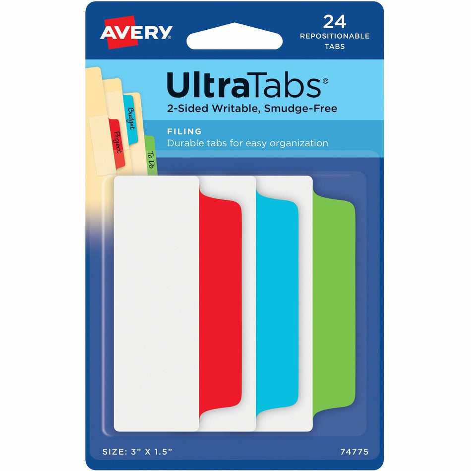 Avery®  Ultra Tabs File Tab - 1152 Tab(s) - 1.50" Tab Height x 3" Tab Width - Red Film, Clear Paper, Blue, Green Tab(s) - 24 Pack - 48 / Carton