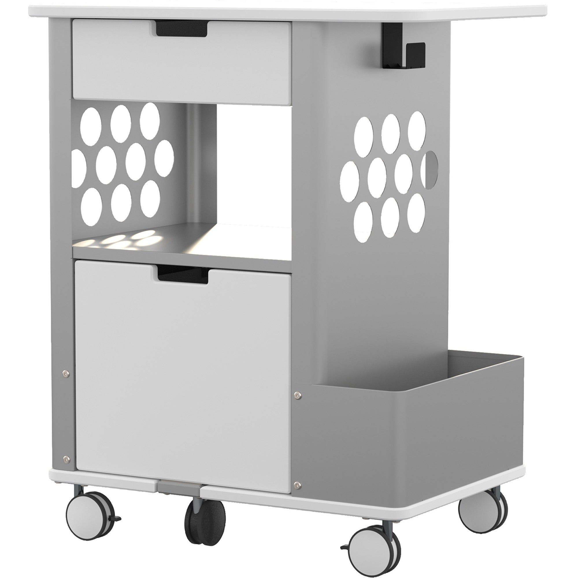Focal Rolling Storage Cart - 2 Drawer - 5 Casters - Steel, Metal, Melamine - 28" Width x 20" Depth x 33.50" Height - Silver Frame - White - 1 Each