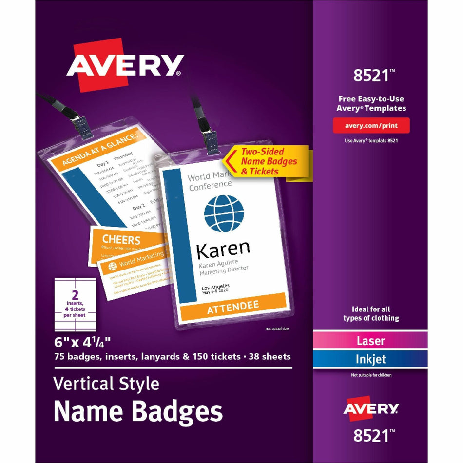 Avery® Vertical Name Badges with Tickets Kit for Laser and Inkjet Printers, 4-1/4" x 6" - PVC Plastic - White - 75 / Box