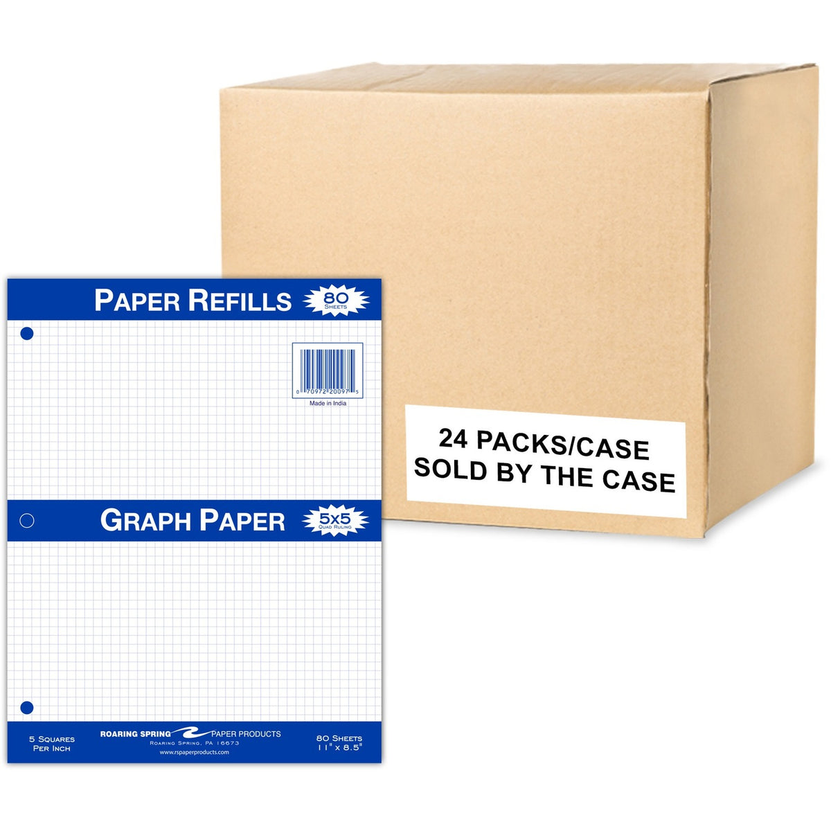 Roaring Spring Graph Filler Paper - 80 Sheets - Printed - 3-Hole - 11’’ x 8.5’’ - White - 24/Carton