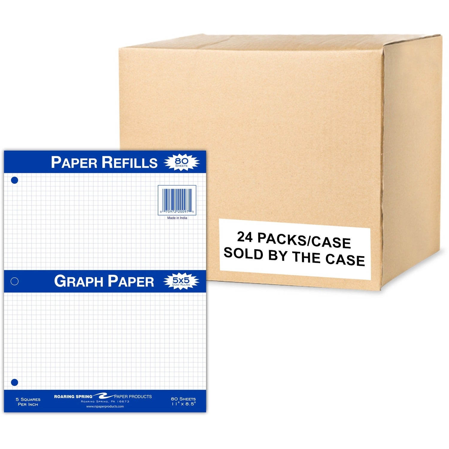 Roaring Spring Graph Filler Paper - 80 Sheets - Printed - 3-Hole - 11’’ x 8.5’’ - White - 24/Carton