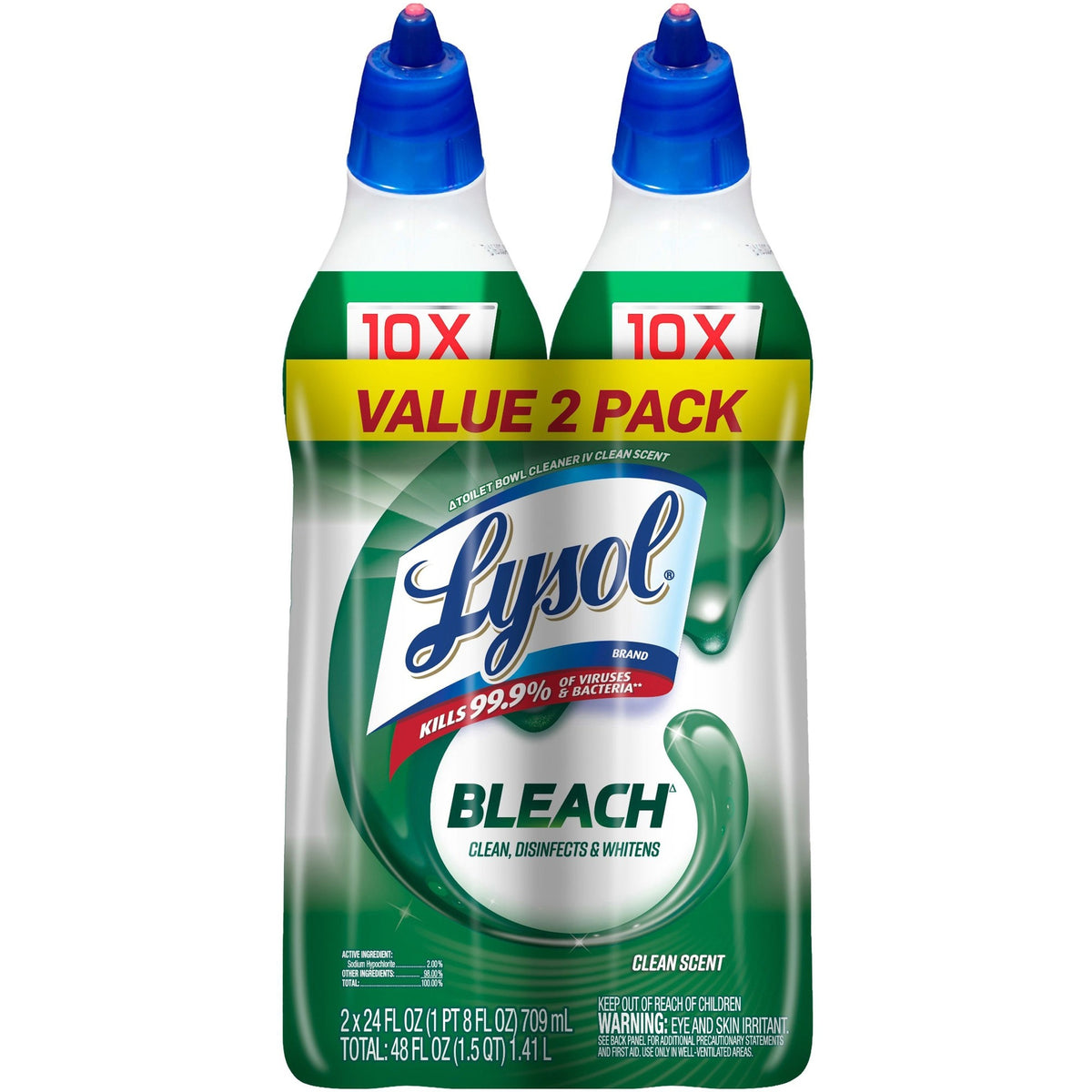 Lysol Bleach Toilet Bowl Cleaner - 24 fl oz (0.8 quart) - Disinfectant, Deodorize - Blue - 2/Pack - 4 / Carton