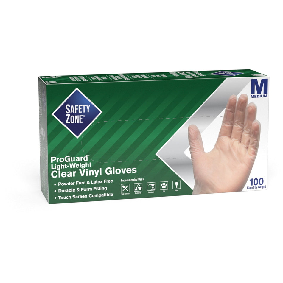 Safety Zone Powder Free Clear Vinyl Gloves - 9.25" Glove Length - Medium Size - Clear - Latex-free, DEHP-free, DINP-free, PFAS-free - For Food Preparation, Cleaning - 100/Box - 10 / Carton
