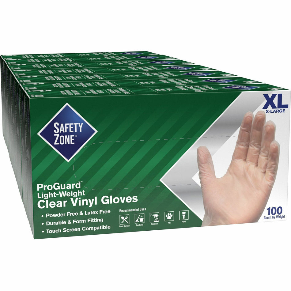 Safety Zone Powder Free Clear Vinyl Gloves - 9.25" Glove Length - X-Large Size - Clear - Latex-free, DEHP-free, DINP-free, PFAS-free - For Food Preparation, Cleaning - 100/Box - 10 / Carton