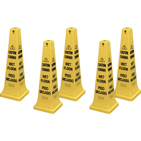 Rubbermaid Commercial 36" Safety Cone - Spanish, English - Print/Message "Caution" , "Wet Floor" - 12.2" Width x 36" Height x 12.2" Depth - Cone Shape - Stackable, Sturdy - Plastic - Bright Yellow - 5 / Carton