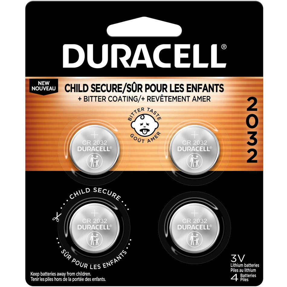 Duracell 2032 3V Lithium Battery 4-Packs - For Security Device, Medical Equipment, Health/Fitness Monitoring Equipment, Calculator, Watch, Keyfob Transmitter - CR2032 - 3 V DC - 4/Pack - 30 / Carton