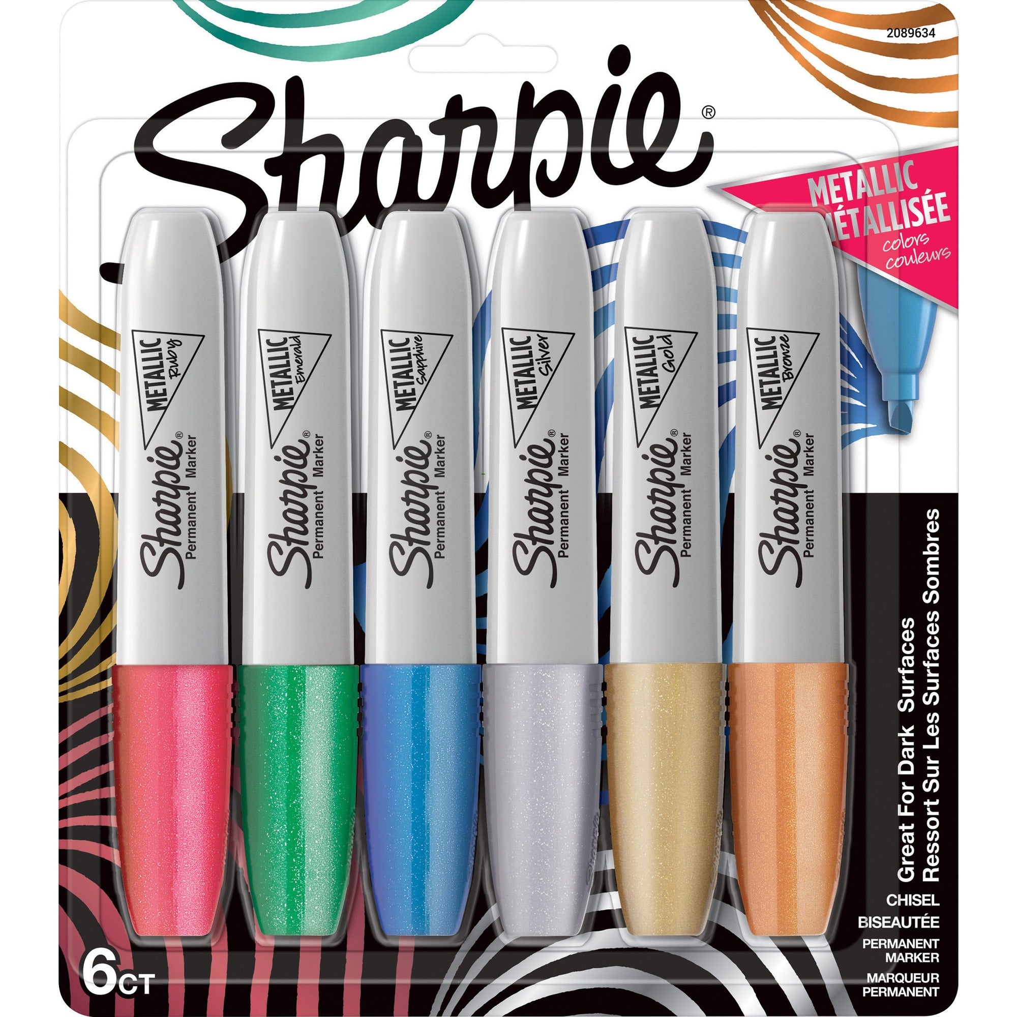 Sharpie Metallic Ink Chisel Tip Permanent Markers - Fine Chisel Marker Point - Gold Metallic, Silver Metallic, Bronze Metallic, Ruby Metallic, Emerald Metallic, Sapphire Metallic Ink - 6 / Pack